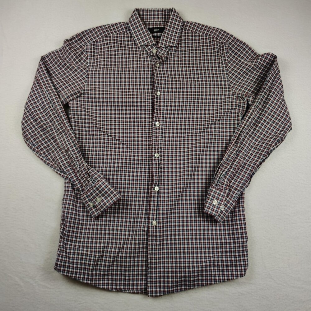 BOSS Hugo Boss  Sharp Fit Shirt Mens 16L Plaid Button Down Dress Shirt